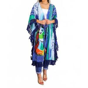 NEW SURELYMINE art revealed fringe kimono in blue